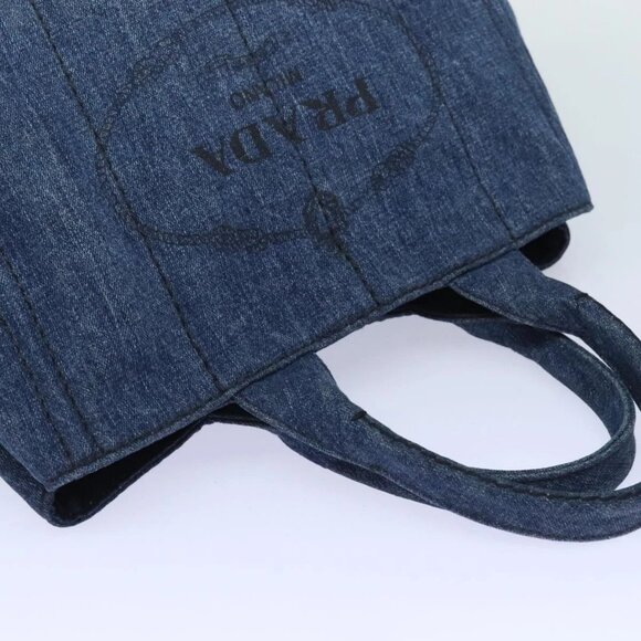 PRADA Canapa MM Hand Bag Denim Blue Gold Auth - Picture 7 of 16